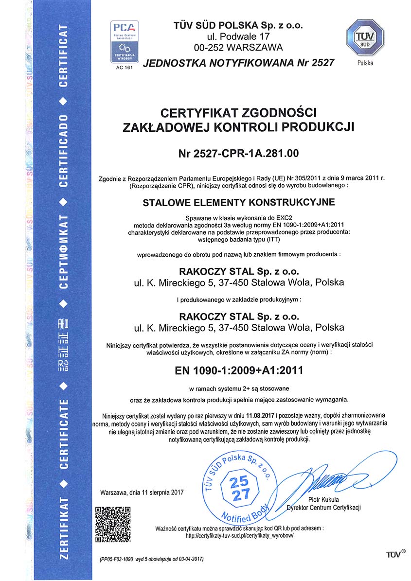 Certyfikat ZKP Rakoczy Stal